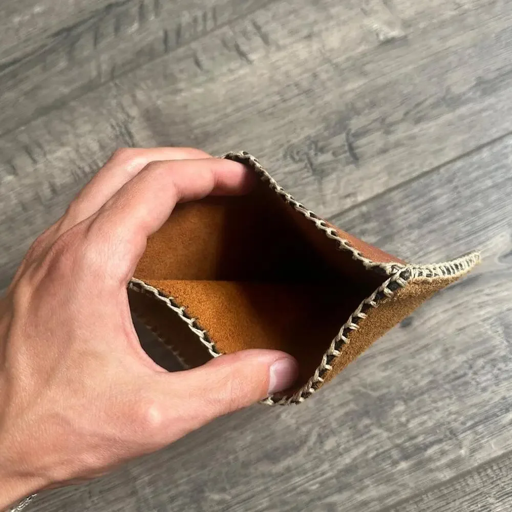 Vintage Boho Retro Western Brown Stitched Suede Leather Wallet Card Holder
